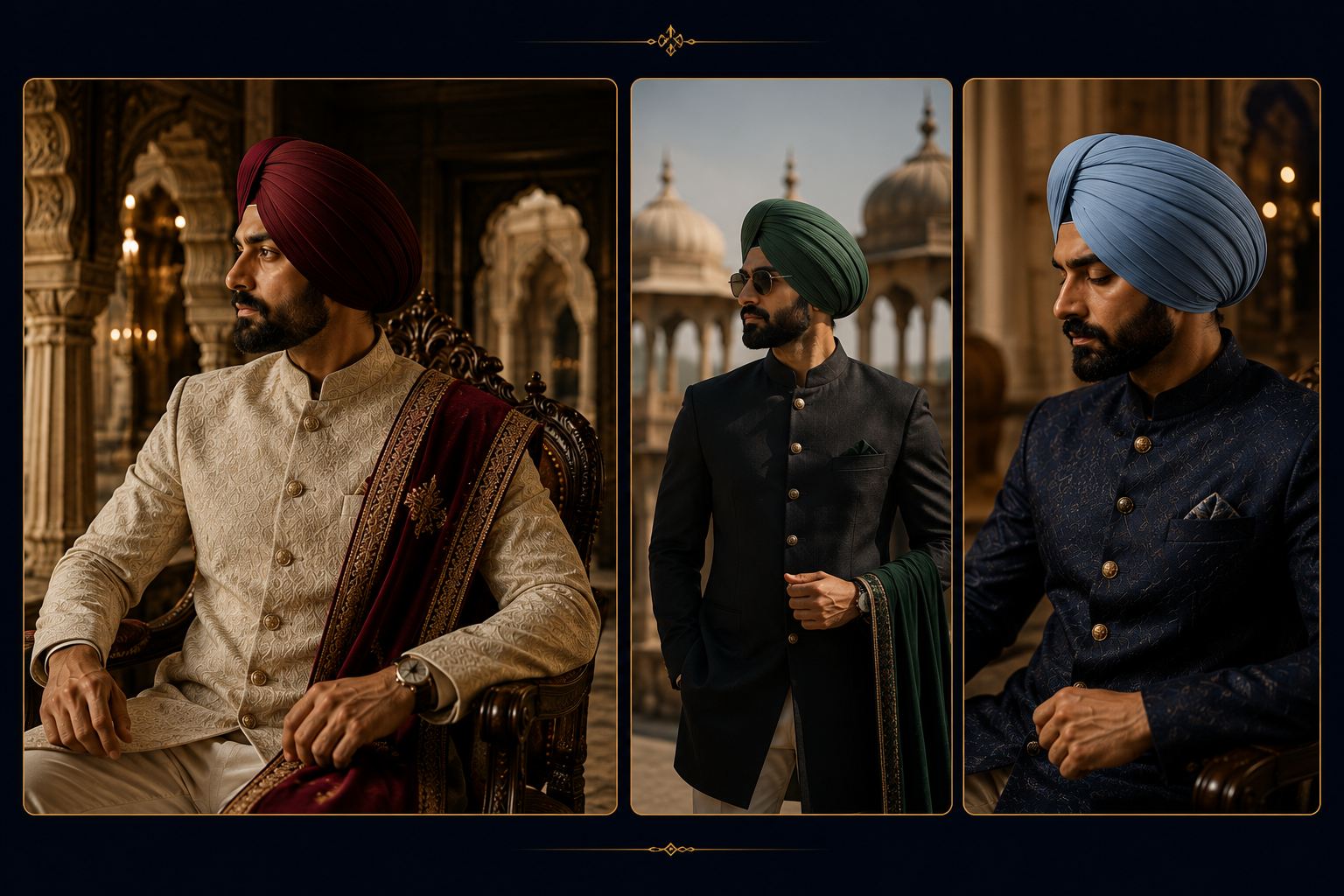 Three men showcasing different turban styles